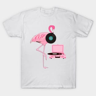 Funny Flamingo Retro Vinyl Record Player T-Shirt